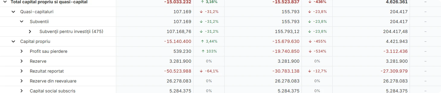 Total capital propriu și quasi-capital expandat în Finlight, cu Quasi-capitaluri (Subvenții, cont 475 — Subvenții pentru investiții) și Capital propriu descompus pe Profit sau pierdere, Rezerve, Rezultat reportat, Rezerve din reevaluare, Capital social subscris, pe trei ani consecutivi (2025, 2024, 2023) cu variație procentuală. Exemplul afișat are capital propriu negativ (-15,1 milioane lei la final 2025), parțial compensat de subvenții.